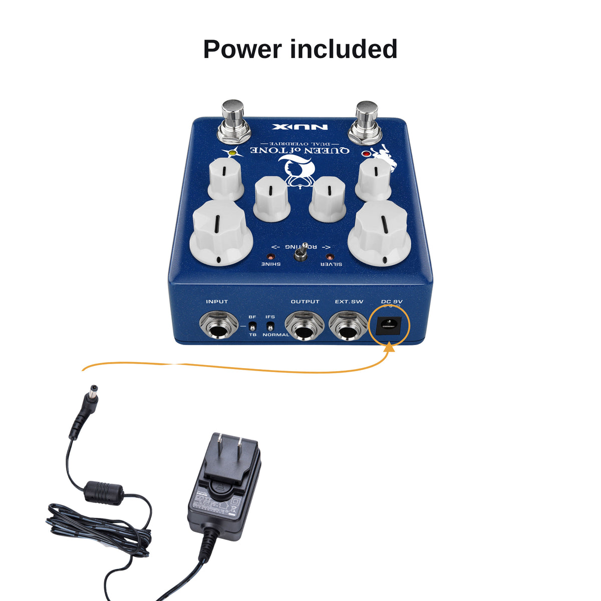 ACD-006A power adapter plugging into the Queen of Tone 9V DC input
