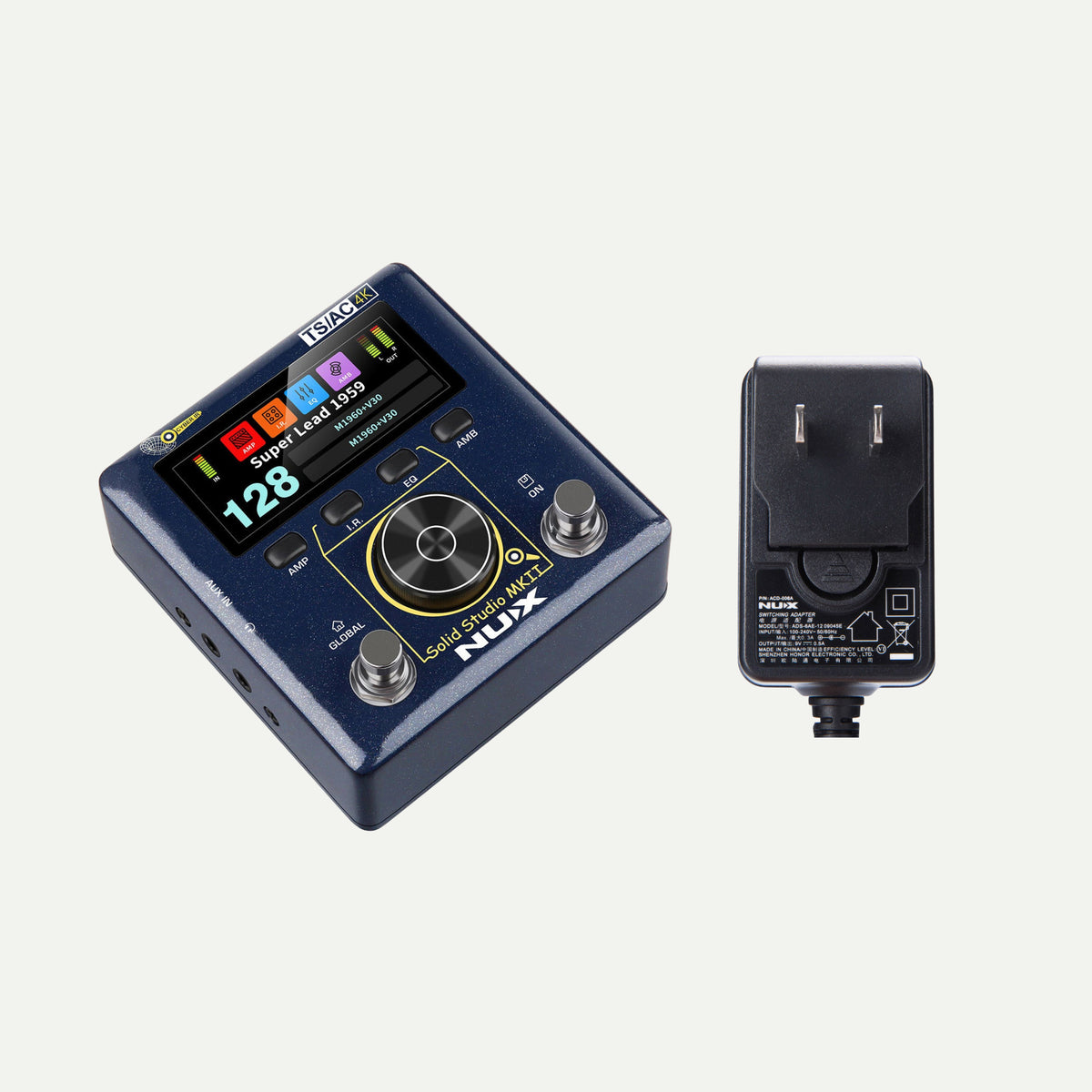 NUX Solid Studio MKII angled view next to the ACD-006A power adapter