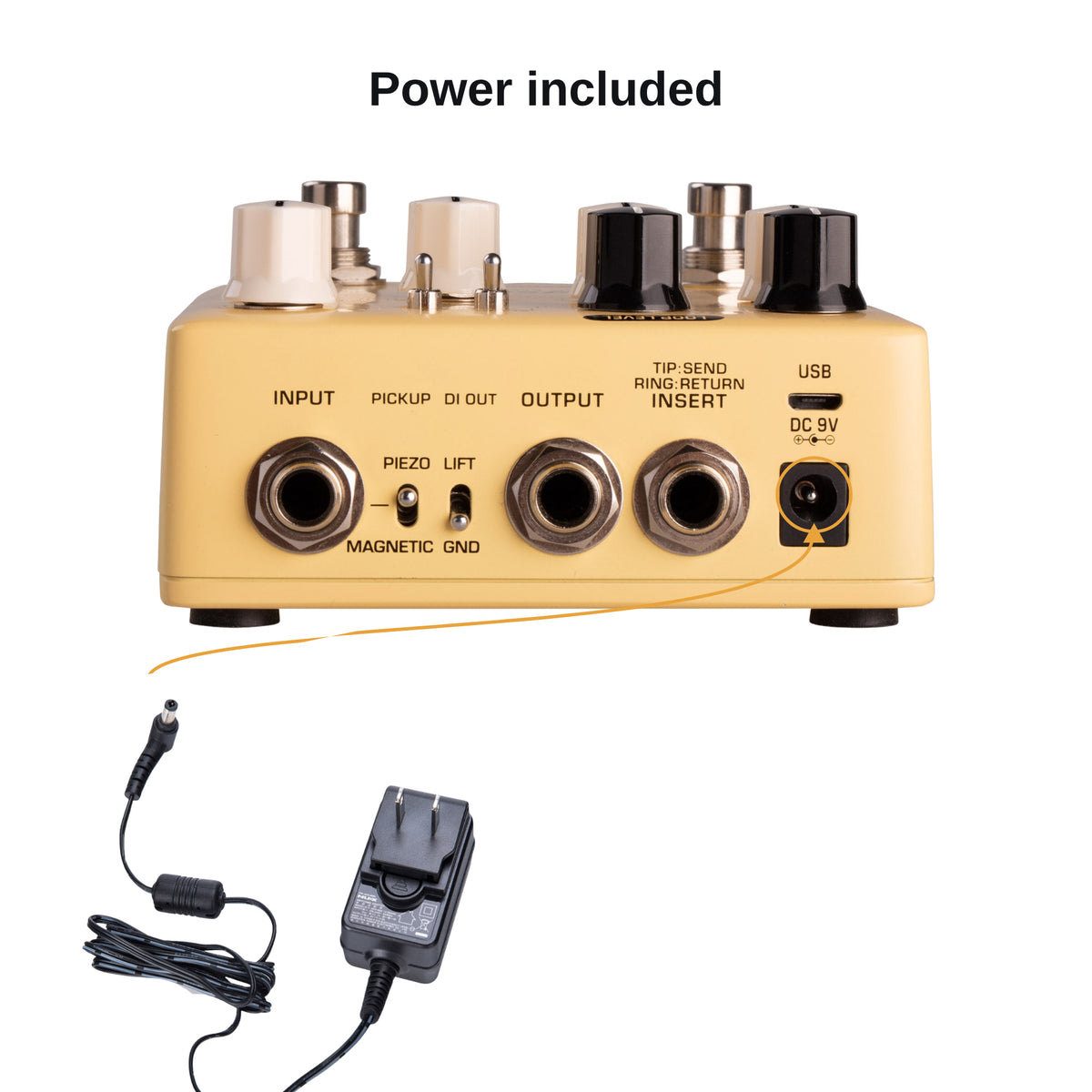 ACD-006A power adapter plugging into the Stageman Floor 9V DC input