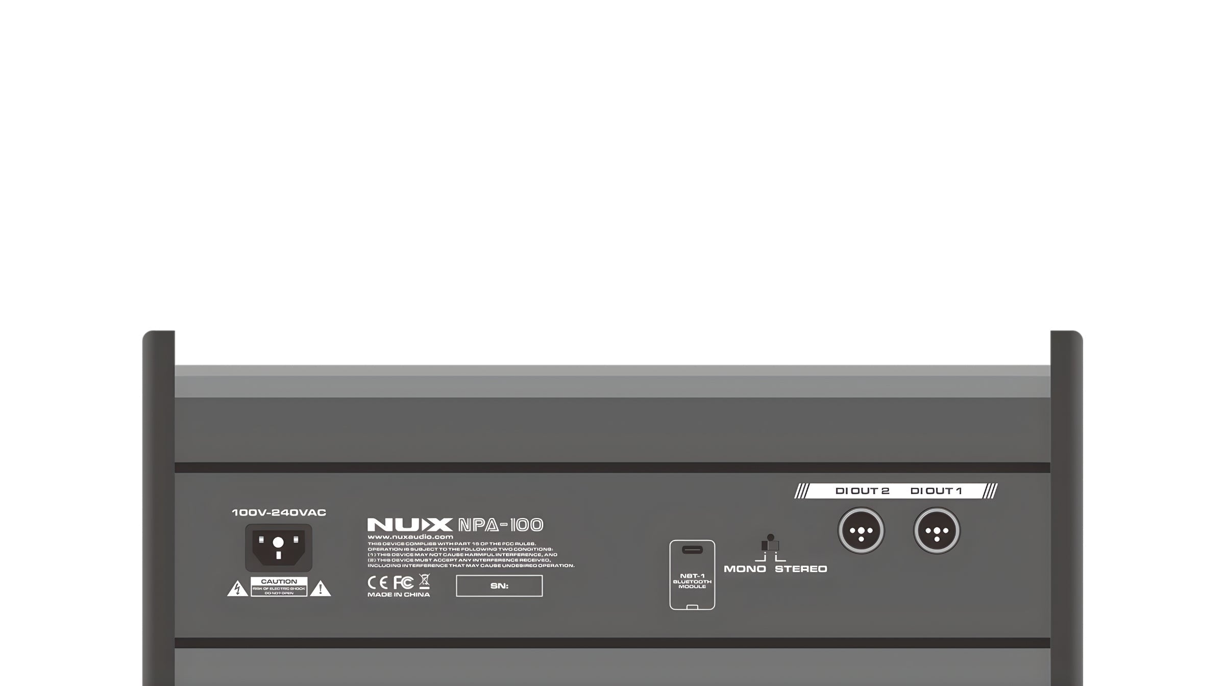 Back view of a NUX NPA-100 personal monitor showing two DI out on a white background