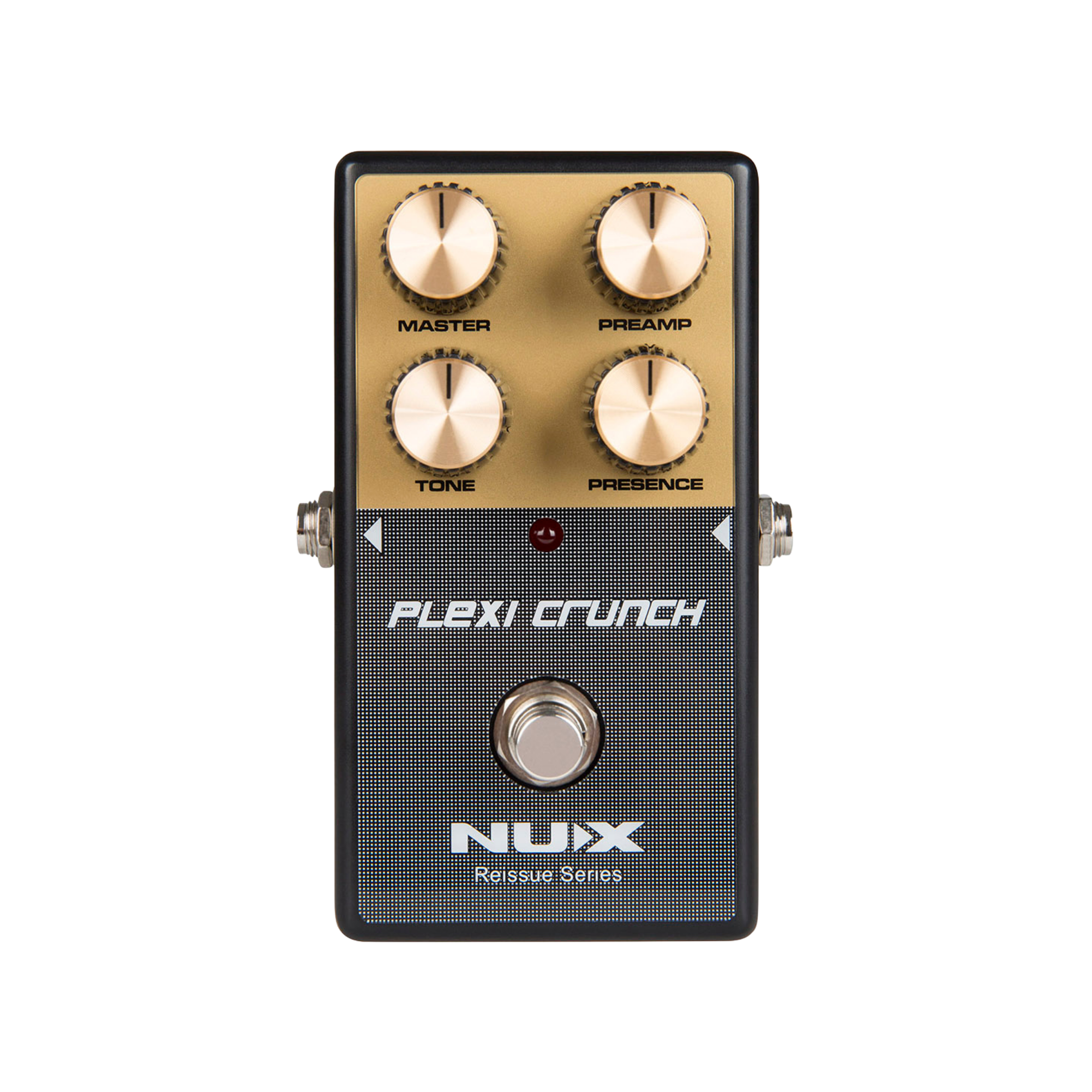 Guitar effects pedal with 'Plexi Crunch' and 'NUX' branding on a white background