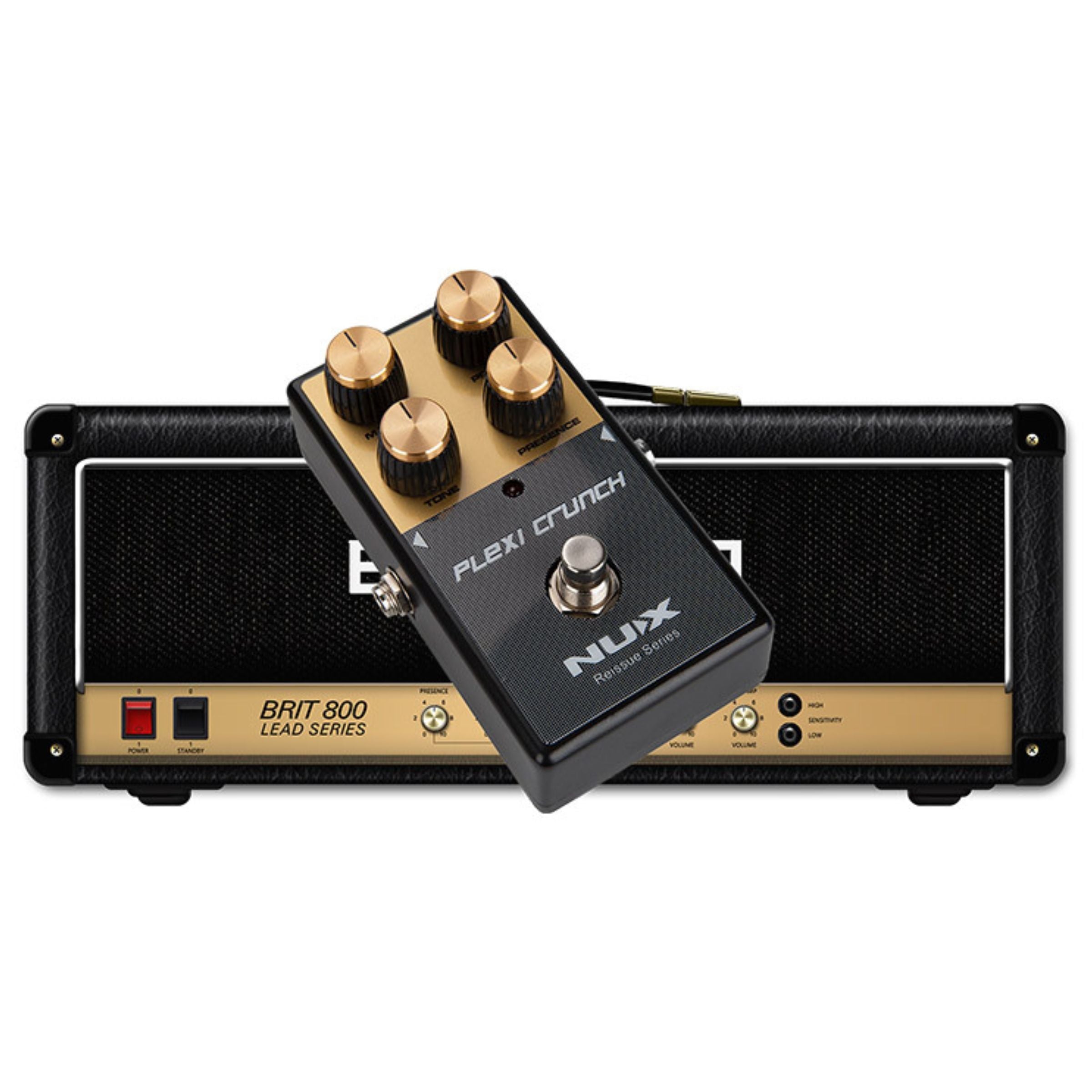 Guitar effects pedal with 'NUX' branding on a white background