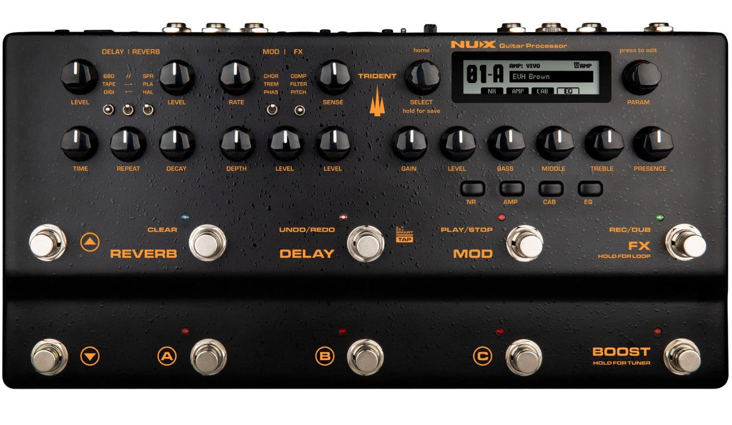 Nux Trident guitar pedal with various controls and display on a black background