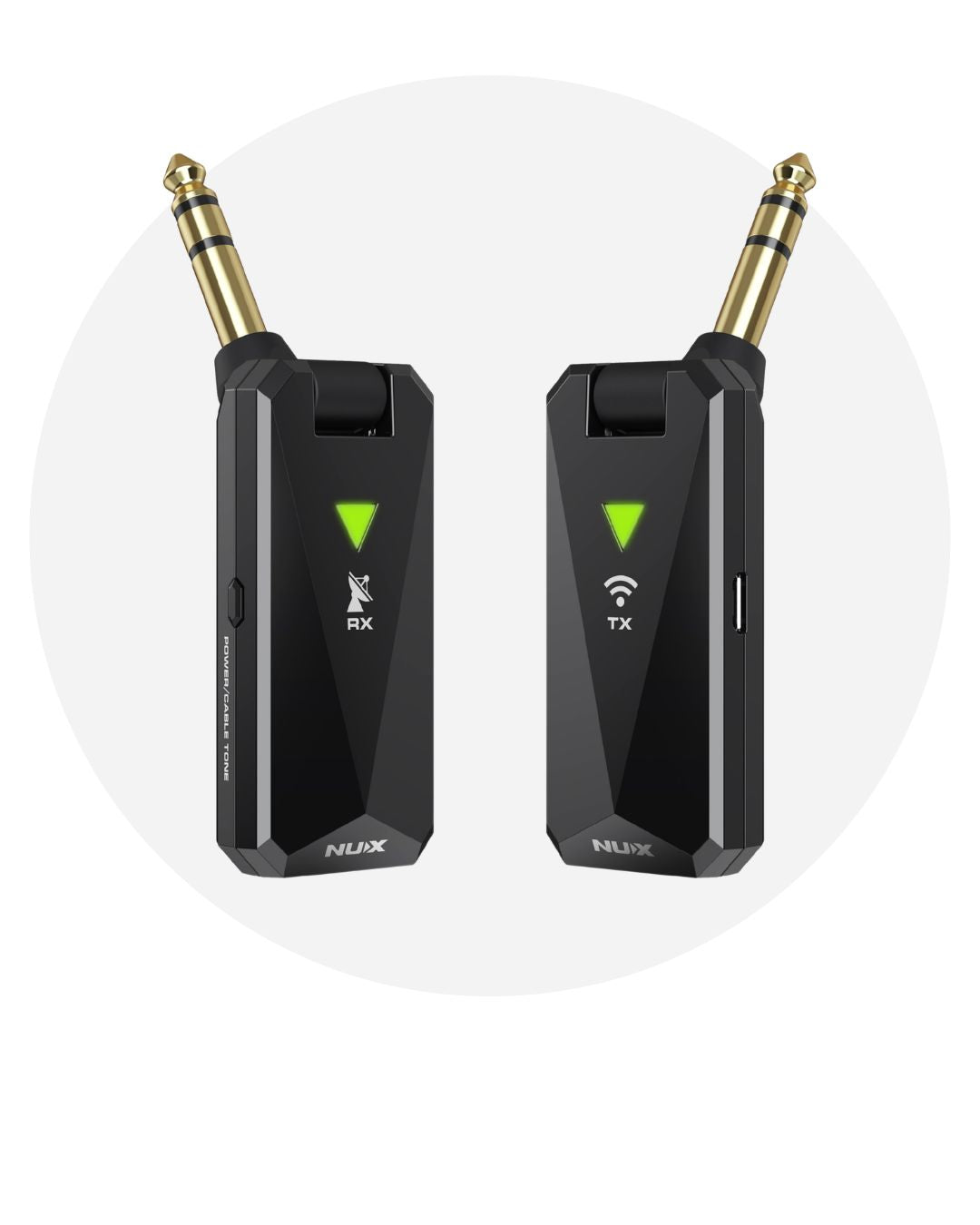 Two NUX wireless audio transmitters with receiver on a white background