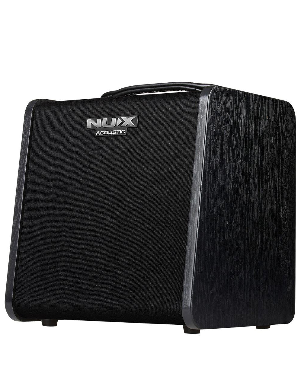 Black Nux acoustic guitar amplifier with bevel design on a white background