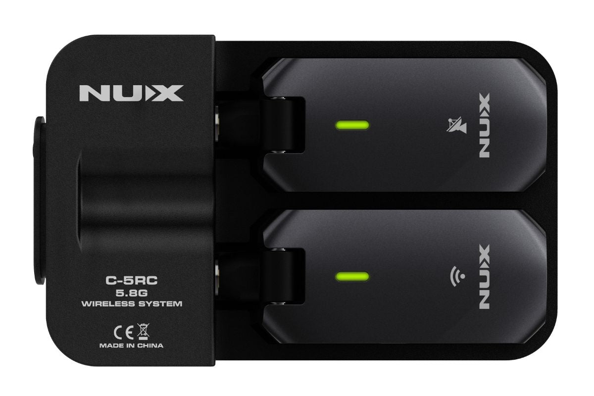 NUX C-5RC wireless system charging case showing written 5.8 GHz specs.