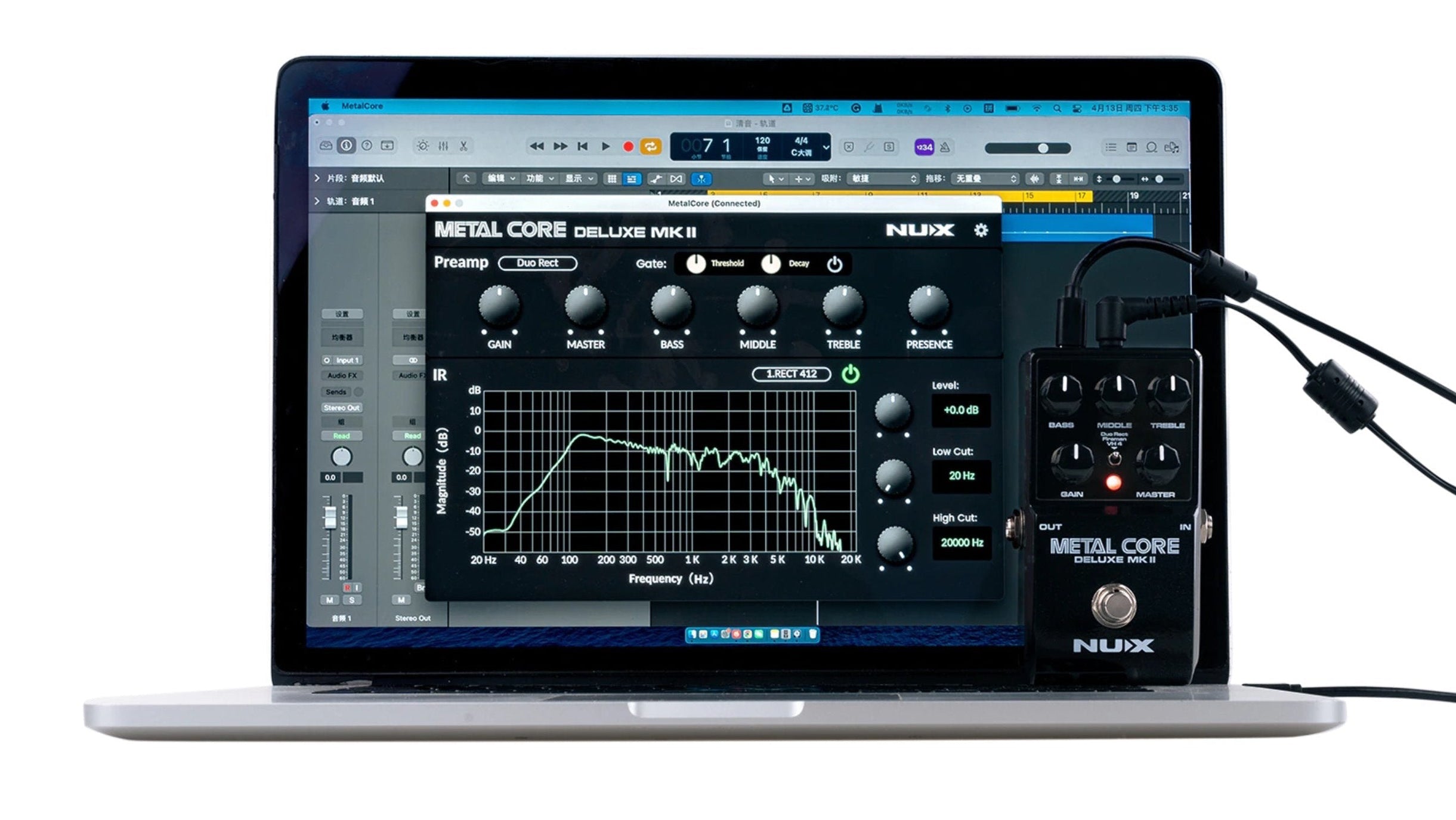 Laptop displaying audio software with a NUX Metal COre connected, on a white background