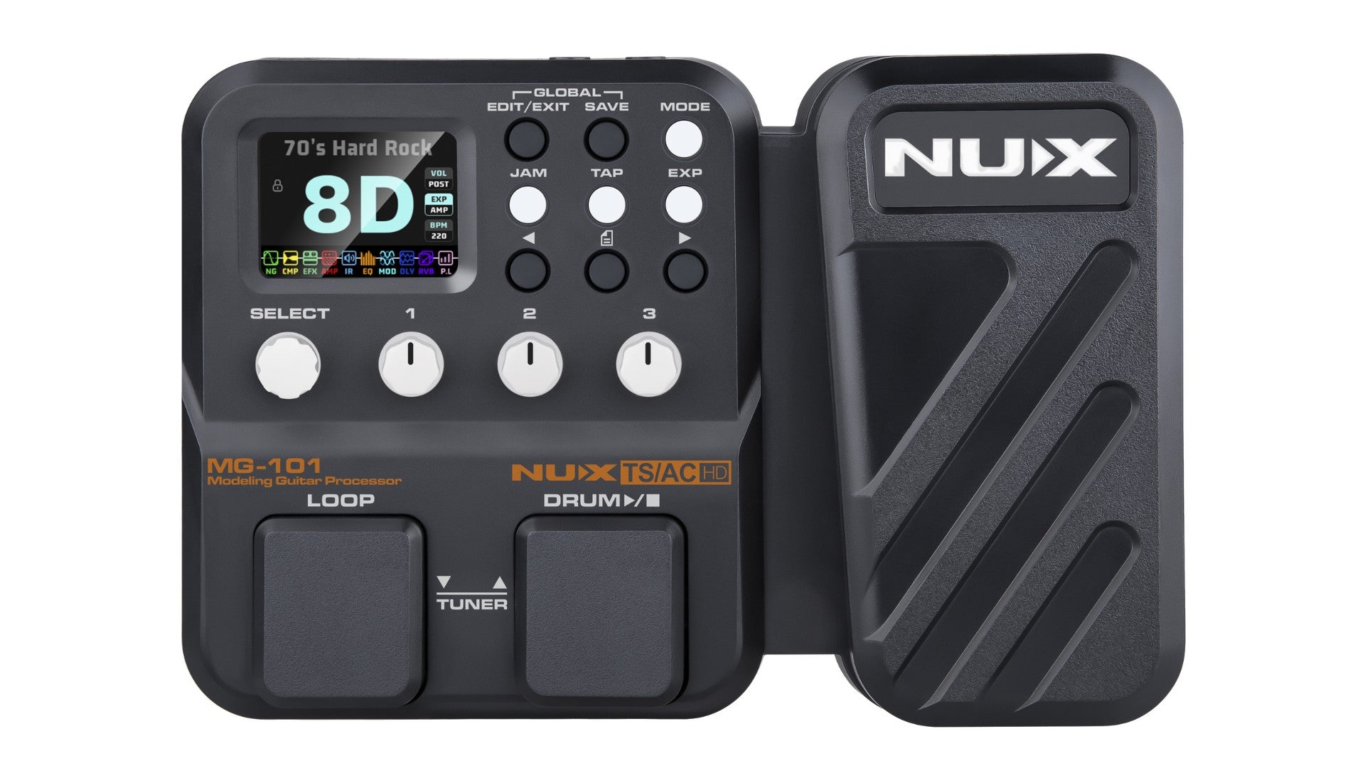 NU-X MG-101 top view showing the controls and lcd screen of the multi-effect pedal