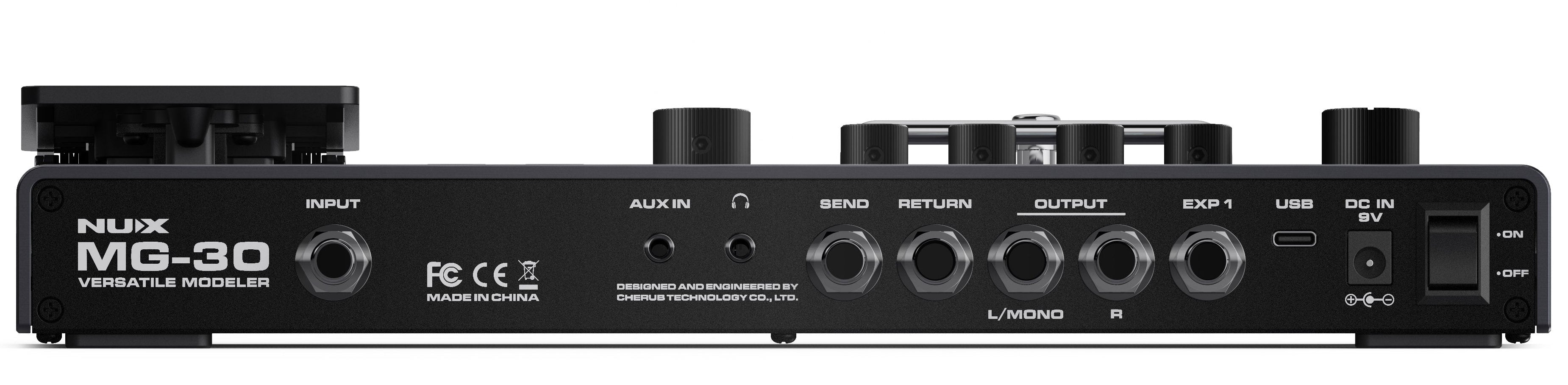 Back view of a NUX MG-30 audio device with various ports and labels.