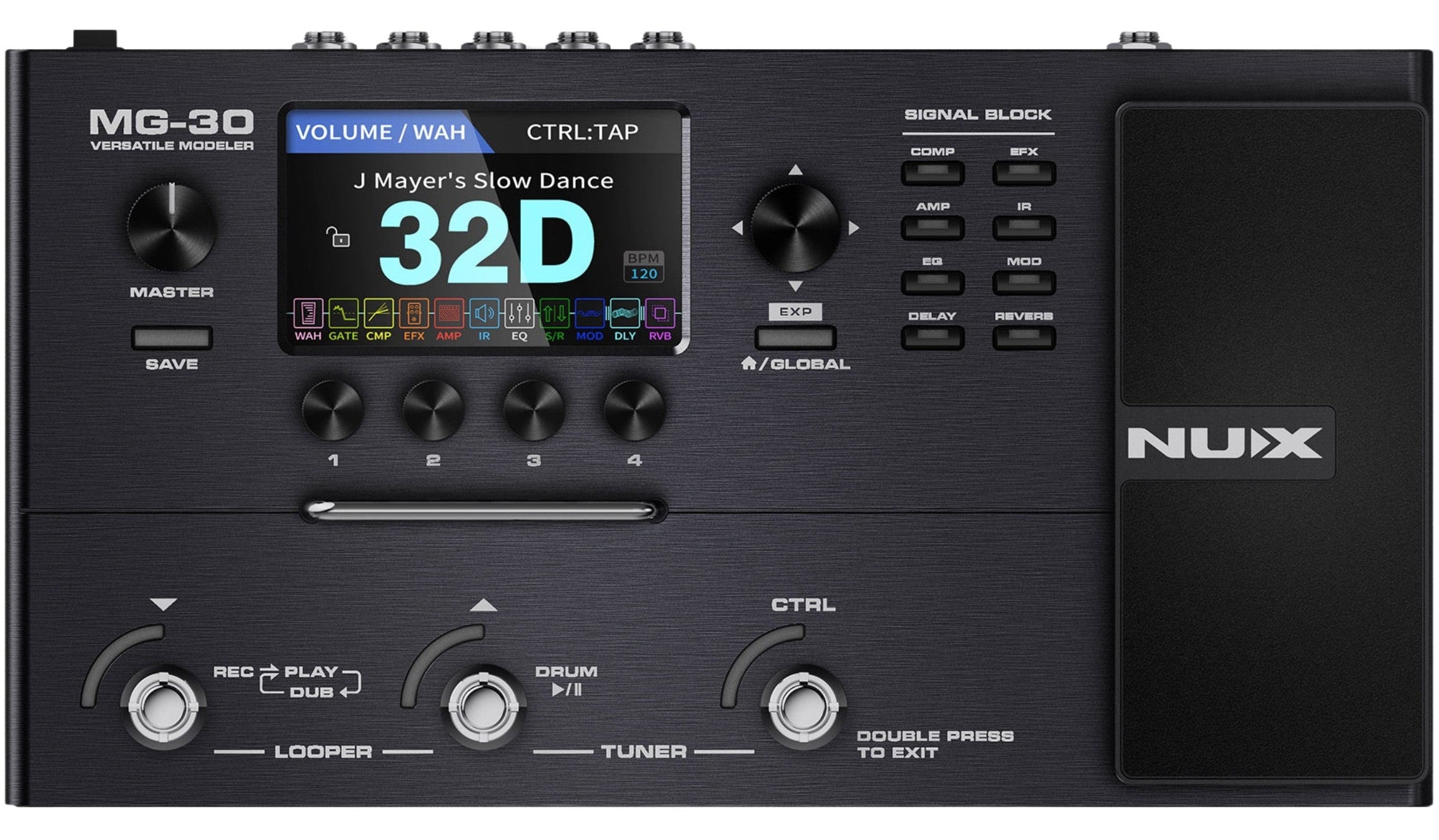 NUX MG-30 guitar effects pedal with digital display and control knobs.