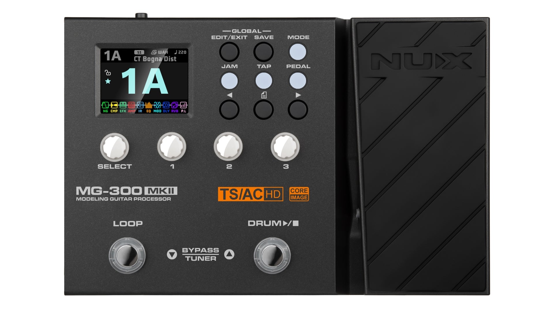 top view of Nu-x MG-300 MKII multi-effects pedal with digital display on a white background