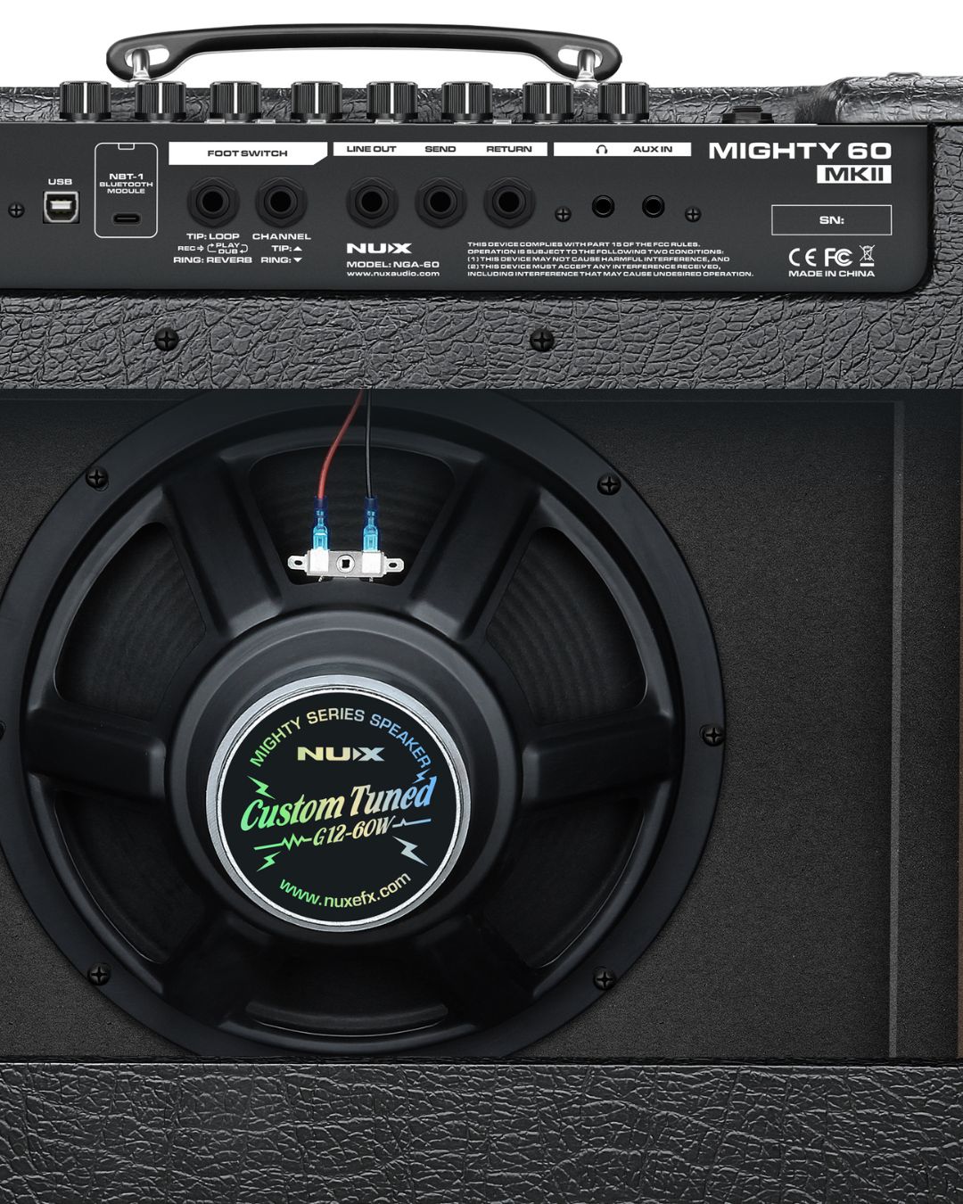 Nux Mighty 60 MKII guitar amplifier with speaker and branding.