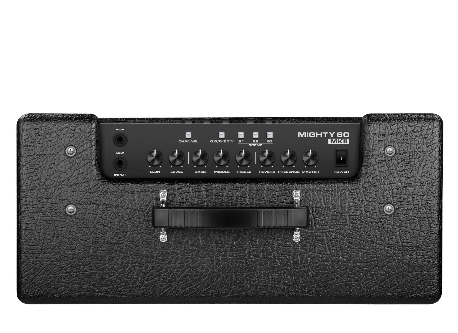 black NUX guitar mighty 60 amplifier top view showing onboard control knobs