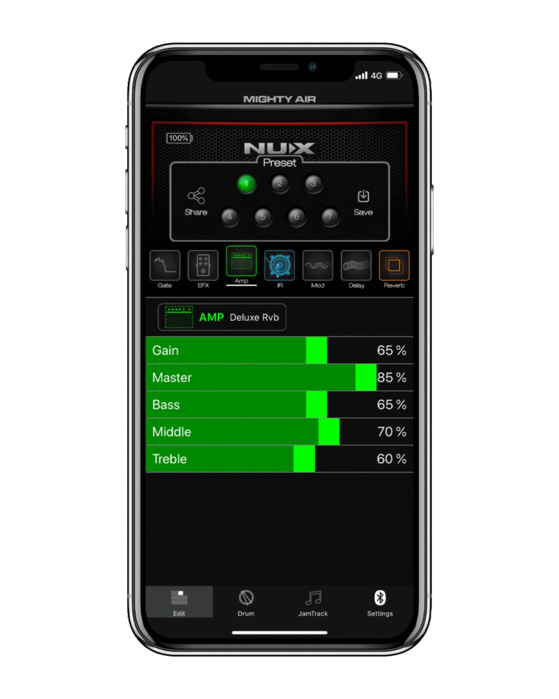 Phone displaying the NUX app interface on a white background