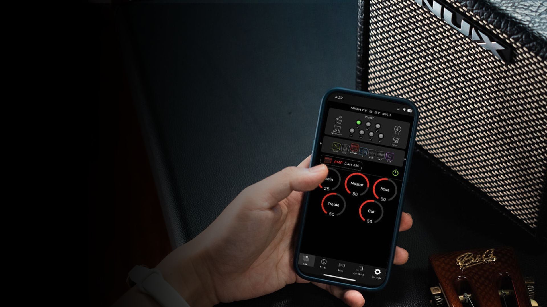 nux phone app interface showing controls