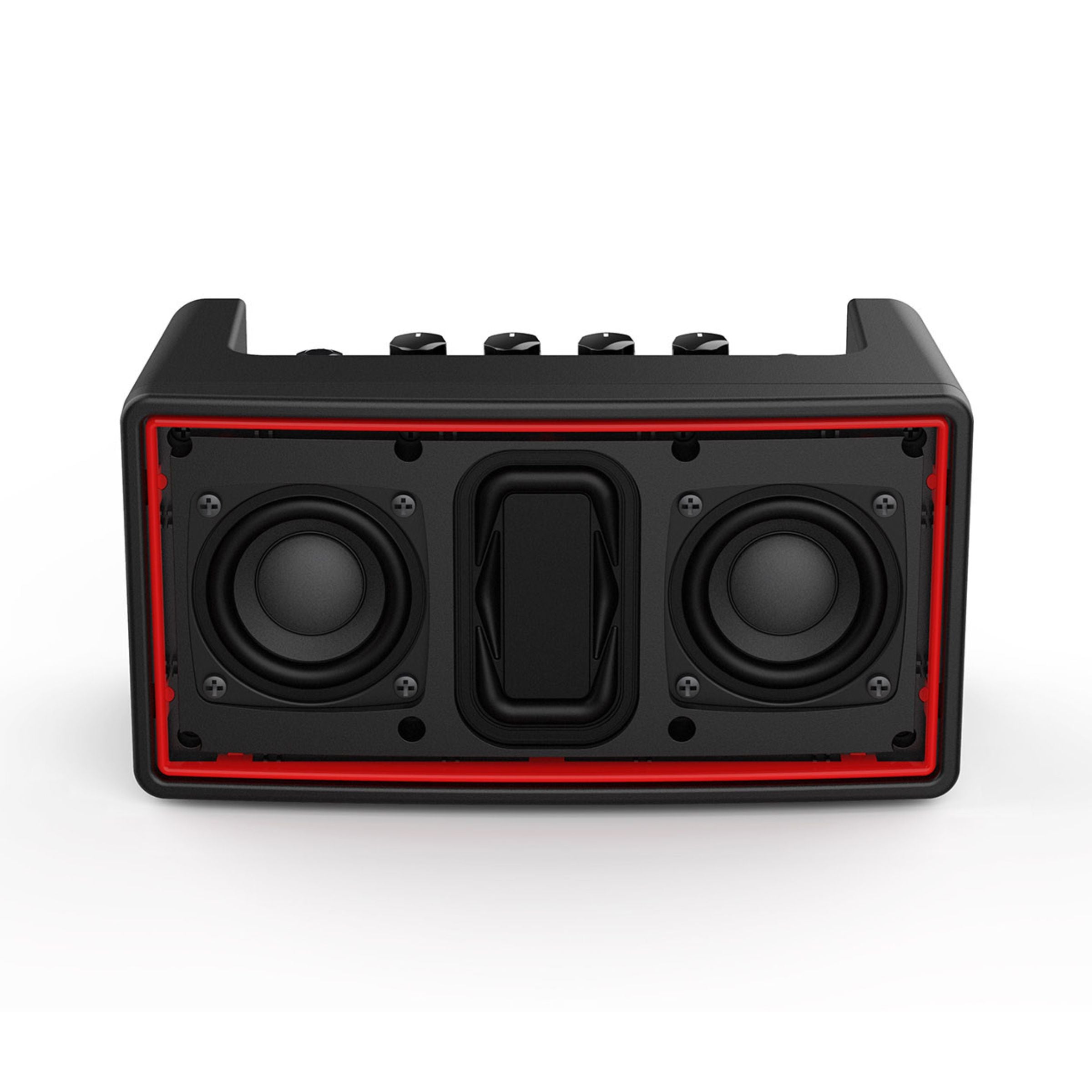 Black and red portable NUX speaker on a white background
