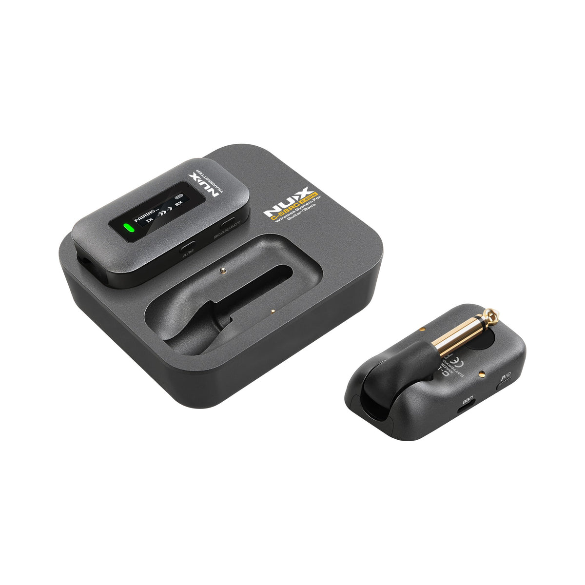NUX C-58RC transmitter docked on the magnetic charging base with the receiver beside it