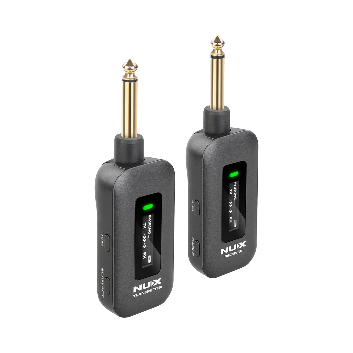NUX C-58RC wireless guitar transmitter and receiver at an angle showing the side control buttons