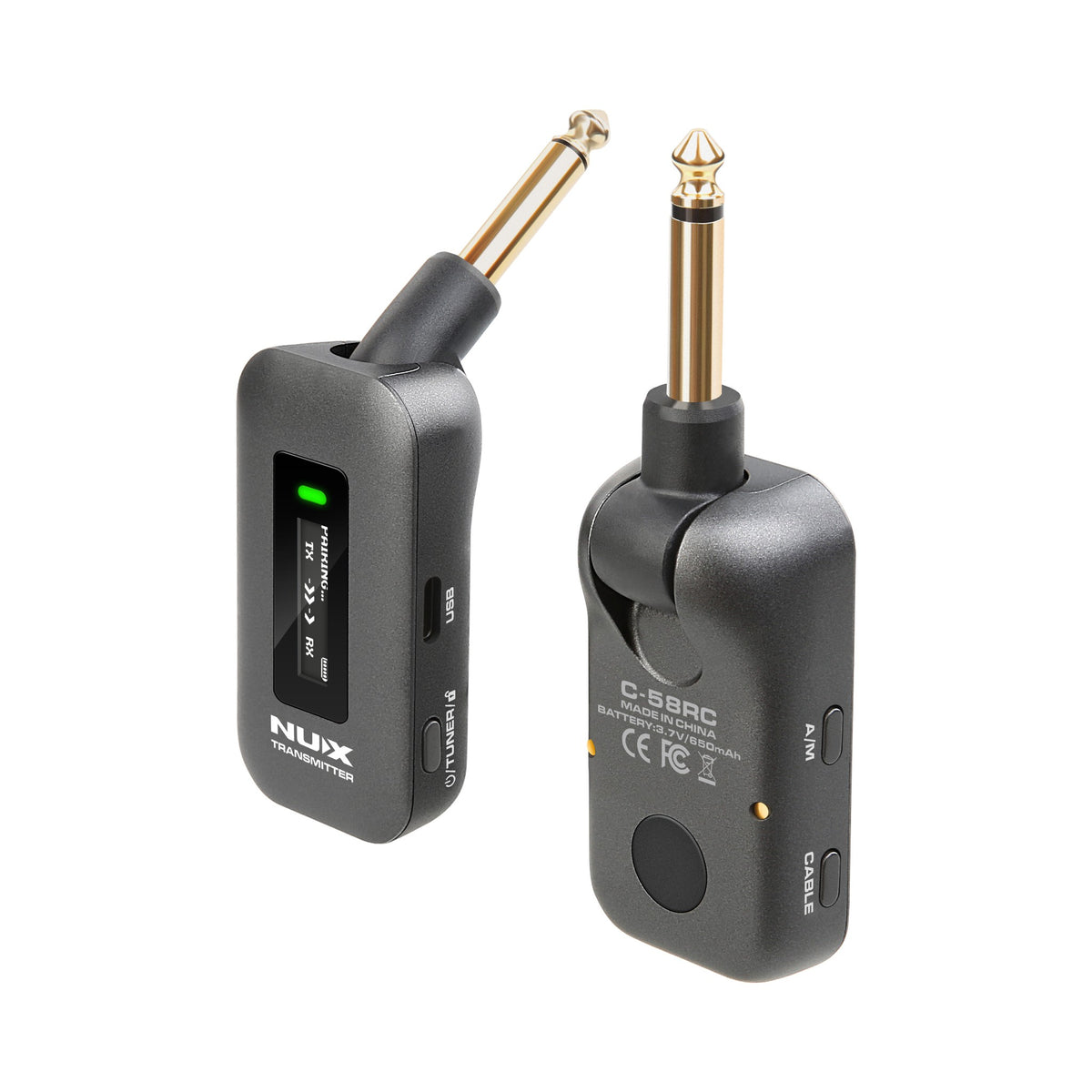 NUX C-58RC transmitter and receiver with rotating 1/4 inch auto-muting jack plugs for any guitar or bass output jack