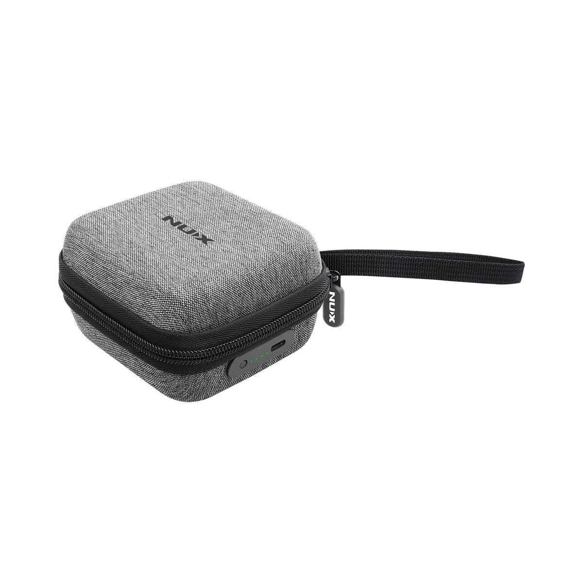 Closed gray NUX C-58RC magnetic charging case with wrist strap, compact enough for any gig bag