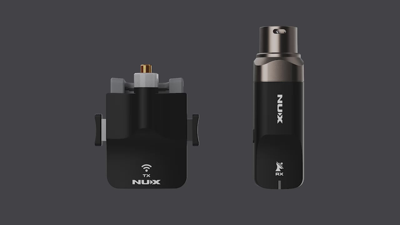 Cargar video: Demonstration on how NUX B-6 transmitter and receiver magnetically charge through the included charging case.