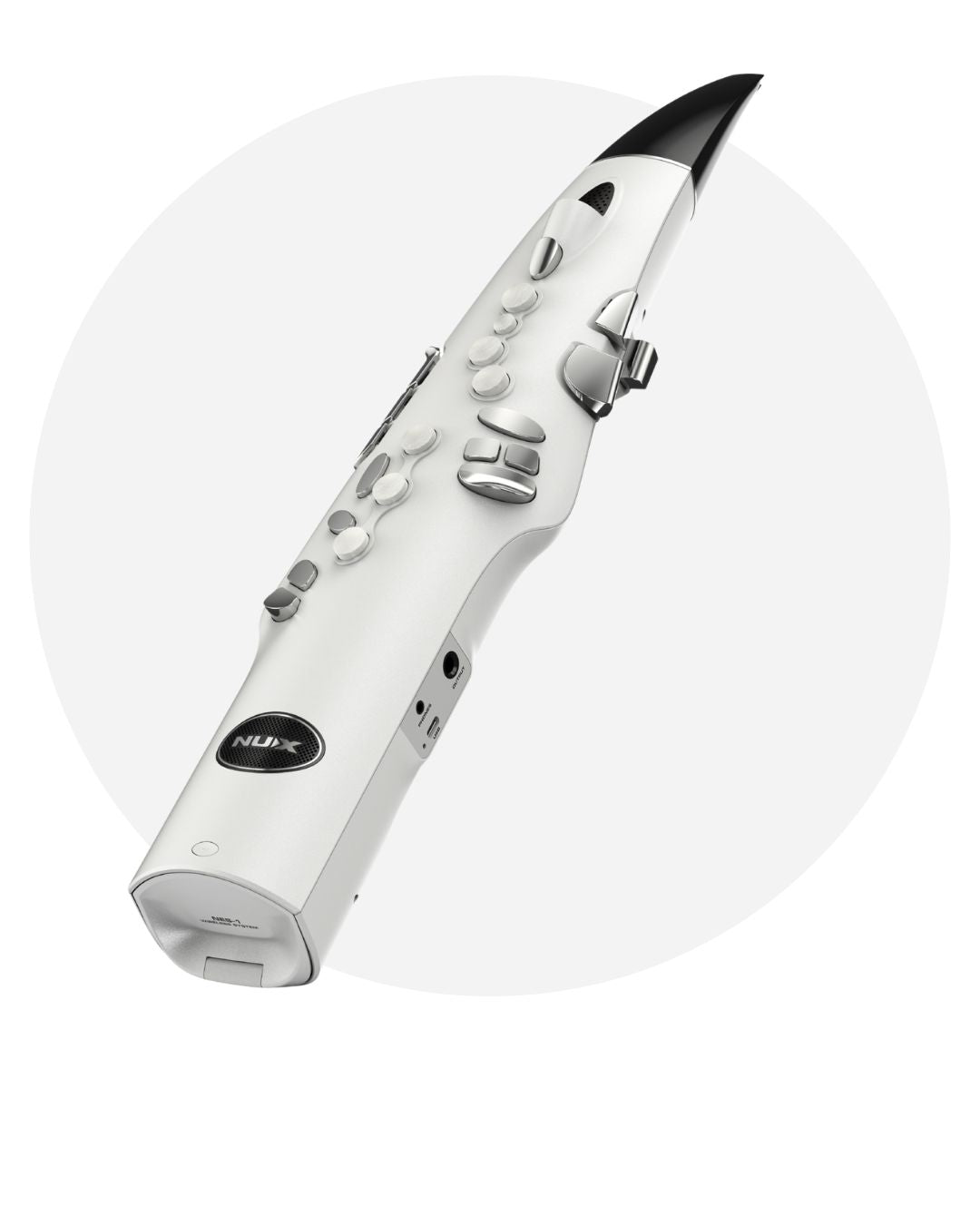 White nux digital wind instrument with buttons and a screen on a white background