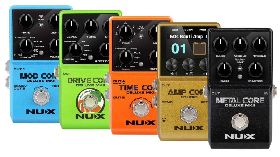 array of NUX core series stompboxes for electric guitar