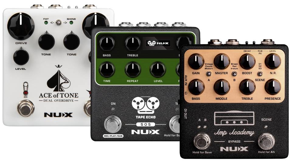 array of colorful NUX verdugo stompboxes for guitars and bass