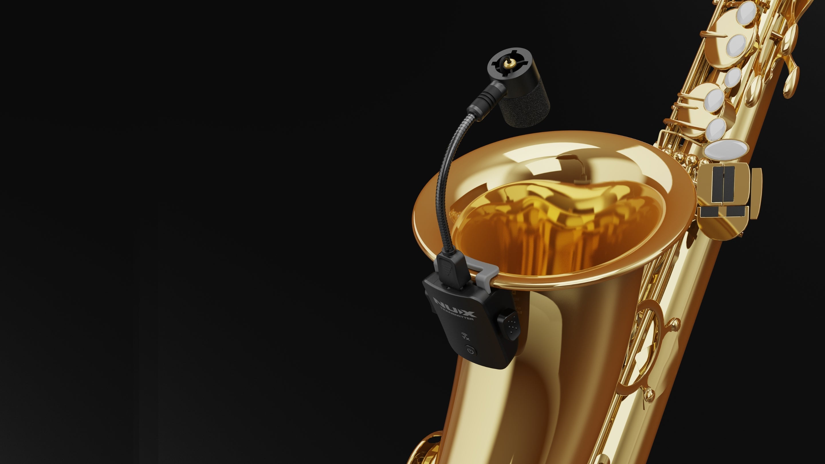 NUX wireless saxophone microphone on a gold color sax