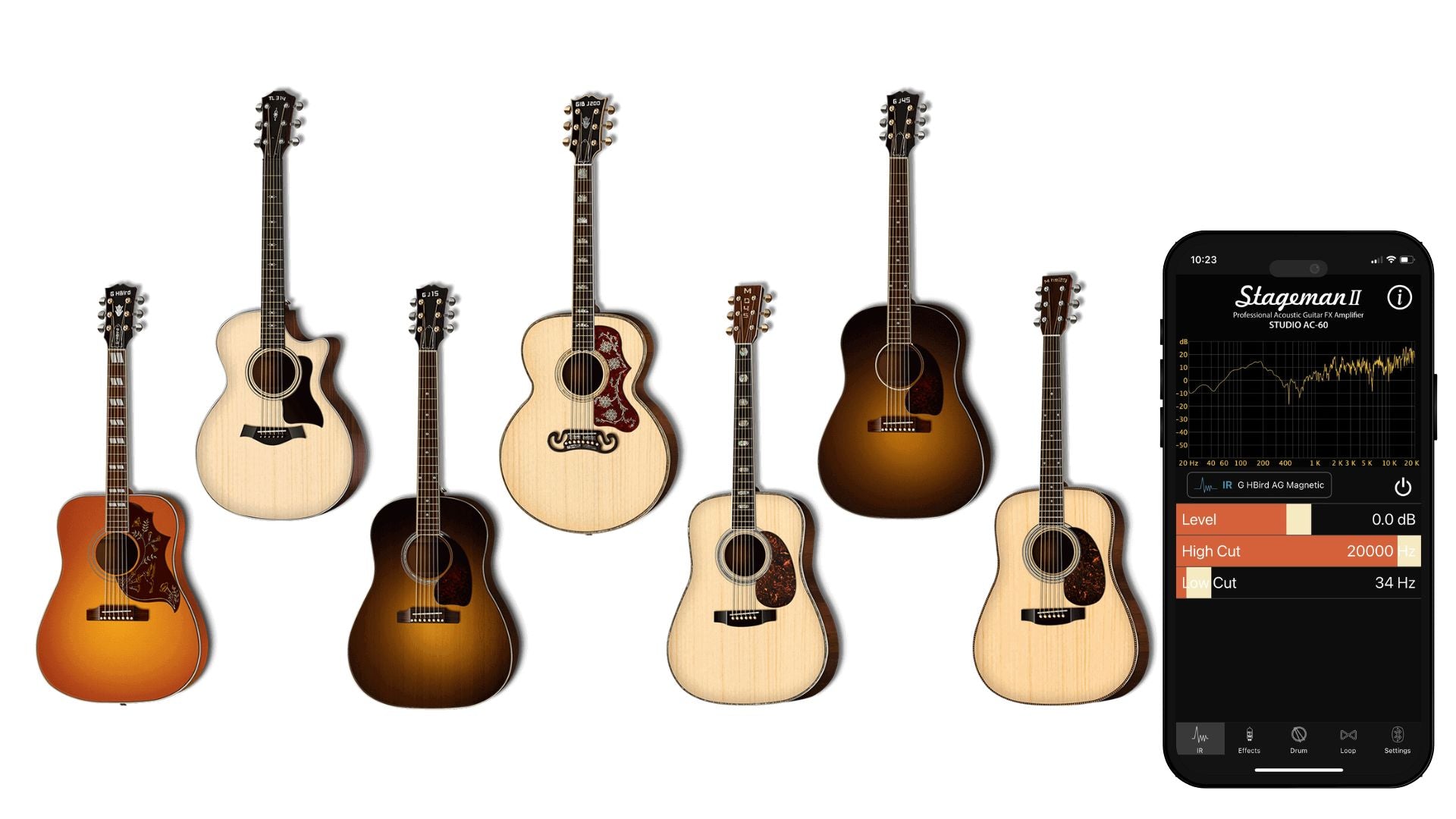 Row of acoustic guitars in various colors with a smartphone displaying a guitar app on a white background