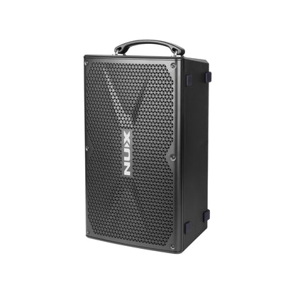 Black portable speaker with Nux logo on a white background