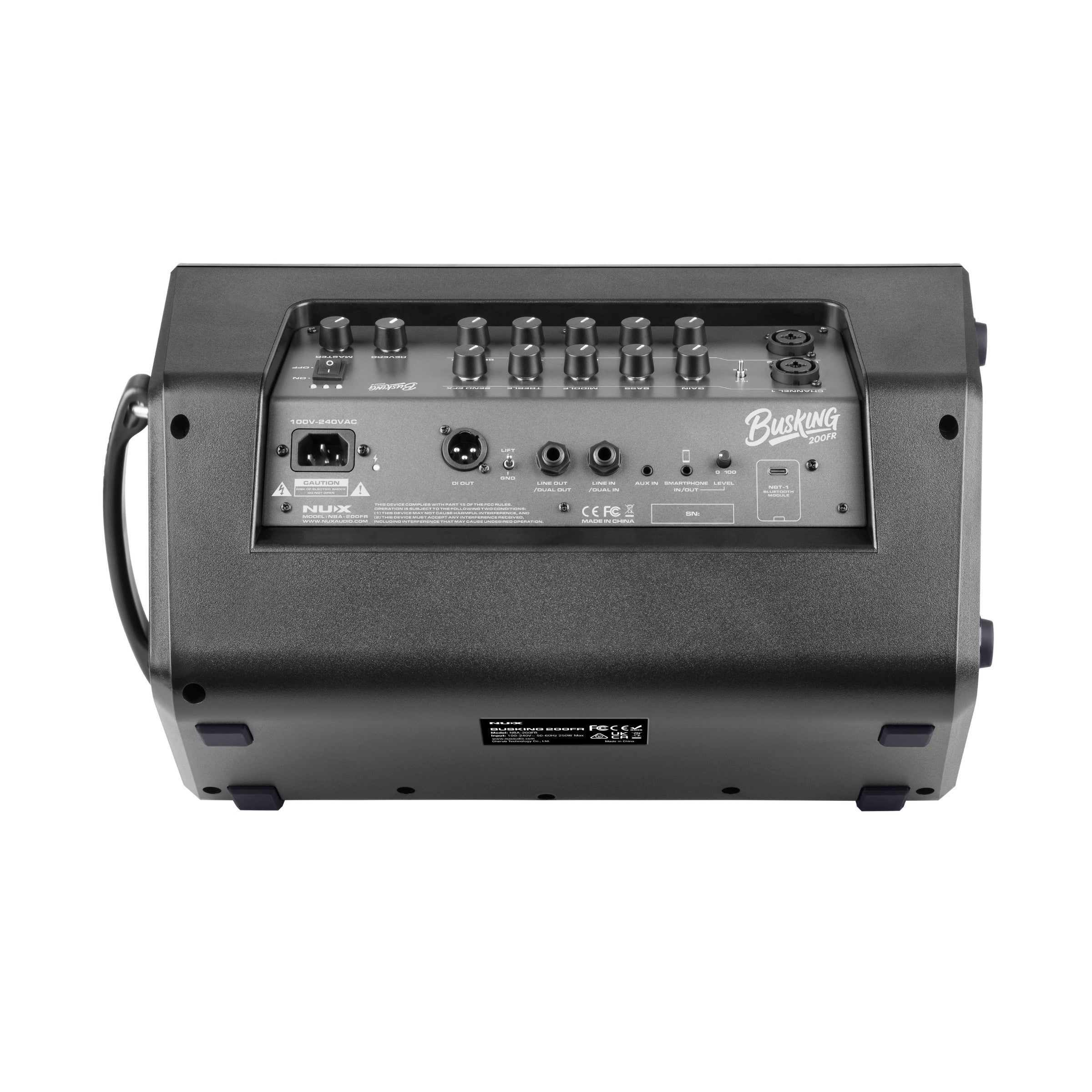 Back of a guitar amplifier with control knobs and ports on a white background