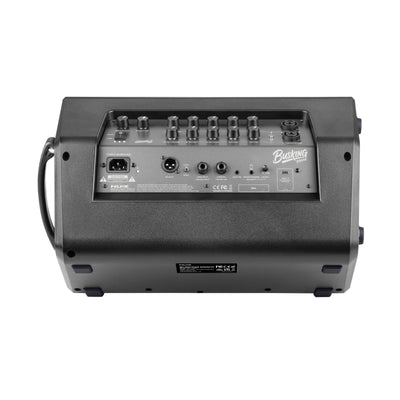 Back of a guitar amplifier with control knobs and ports on a white background