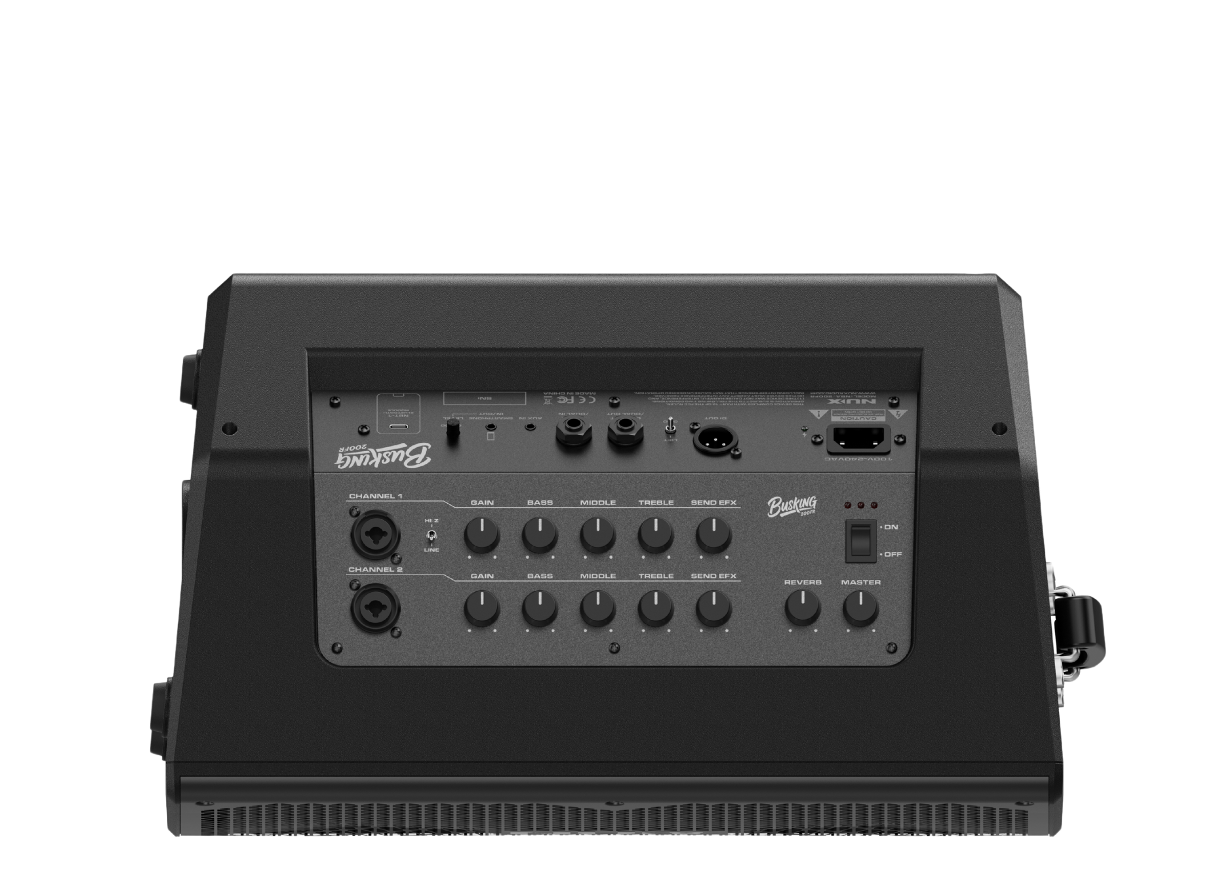NUX Busking 200FR top view showing the control panel of the amp.