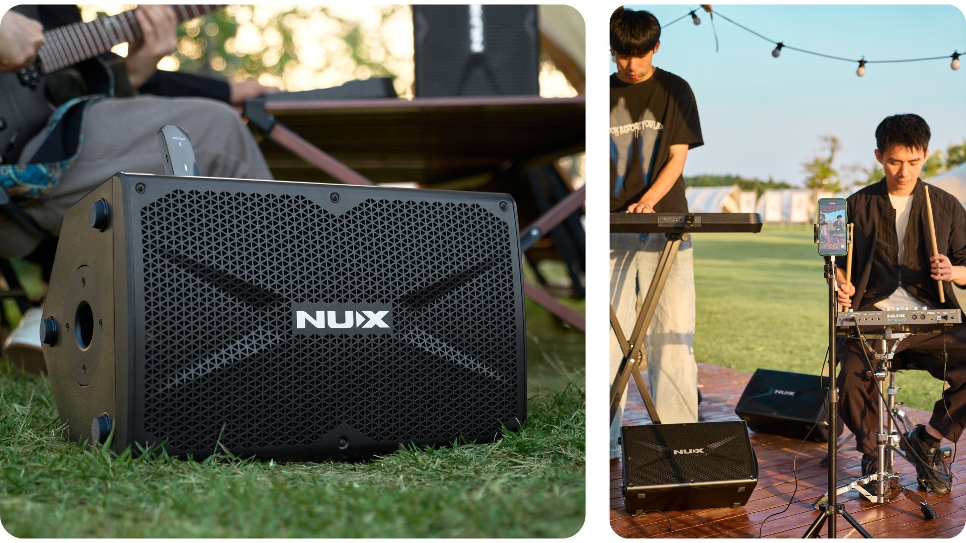 People performing outdoors using the NUX Busking 200FR amp.