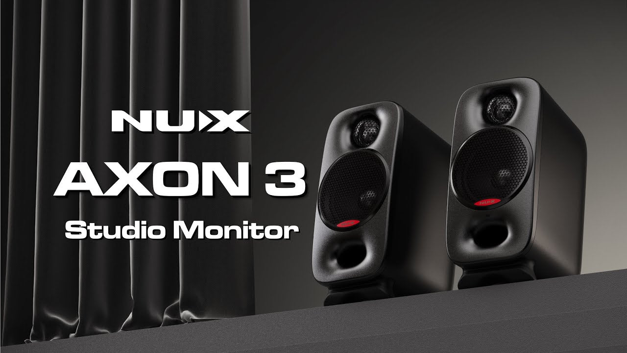 Load video: The brand-new AXON 3 studio monitors from NUX are a game changer for home studios and creators on the go! The monitors deliver 90W RMS power for a clean, dynamic, and highly detailed sound. Two 3-inch neodymium woofers with bass ports reach down to 55Hz, while two 3/4-inch silk dome tweeters provide crisp highs.