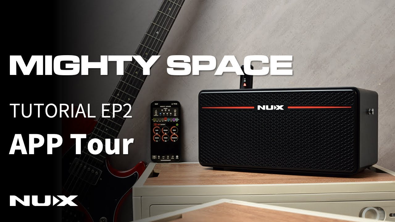 NUX guitar amplifier with a guitar and digital tuner on a wooden surface, with 'Mighty Space' text overlay.