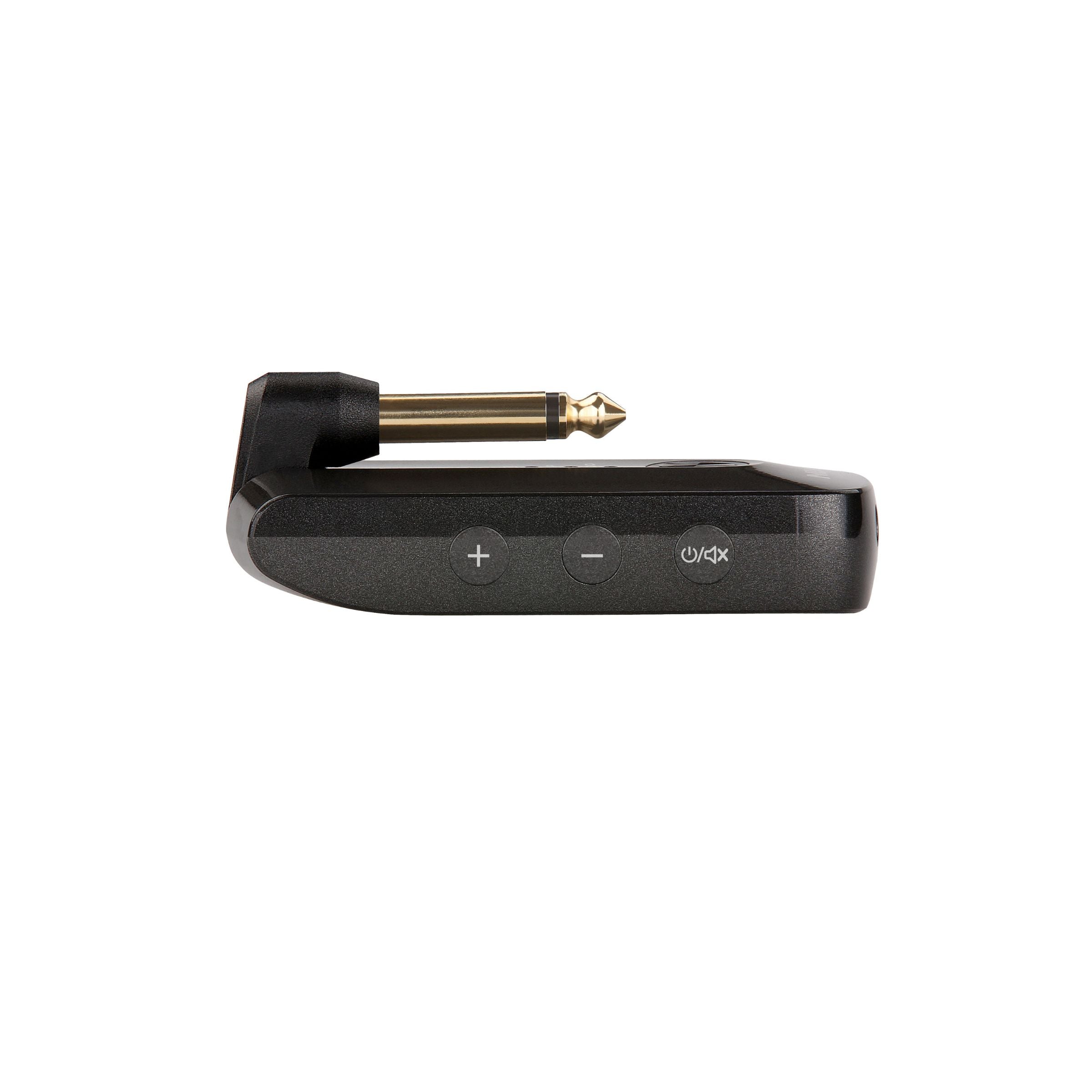 NUX Mighty Plug Pro headphone amp on its side showing the plus, minus, and mute volume controls