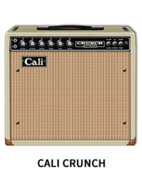 Guitar amplifier with 'Cali Crunch' branding on a beige background