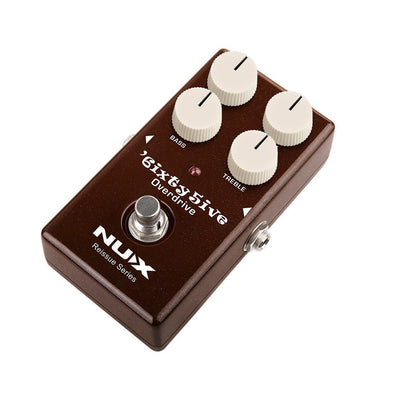 Guitar effects pedal with 'NUX' branding on a white background