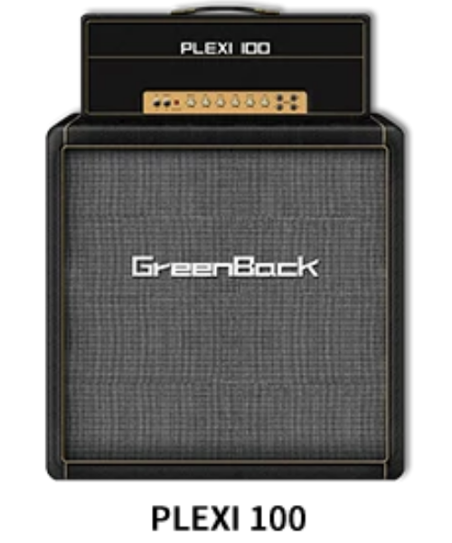 Guitar amplifier with 'GreenBack' branding and 'PLEXI 100' model on a white background