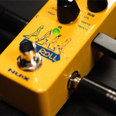 NUX A/B Roll mini core effects pedal showing the yellow aluminum build quality