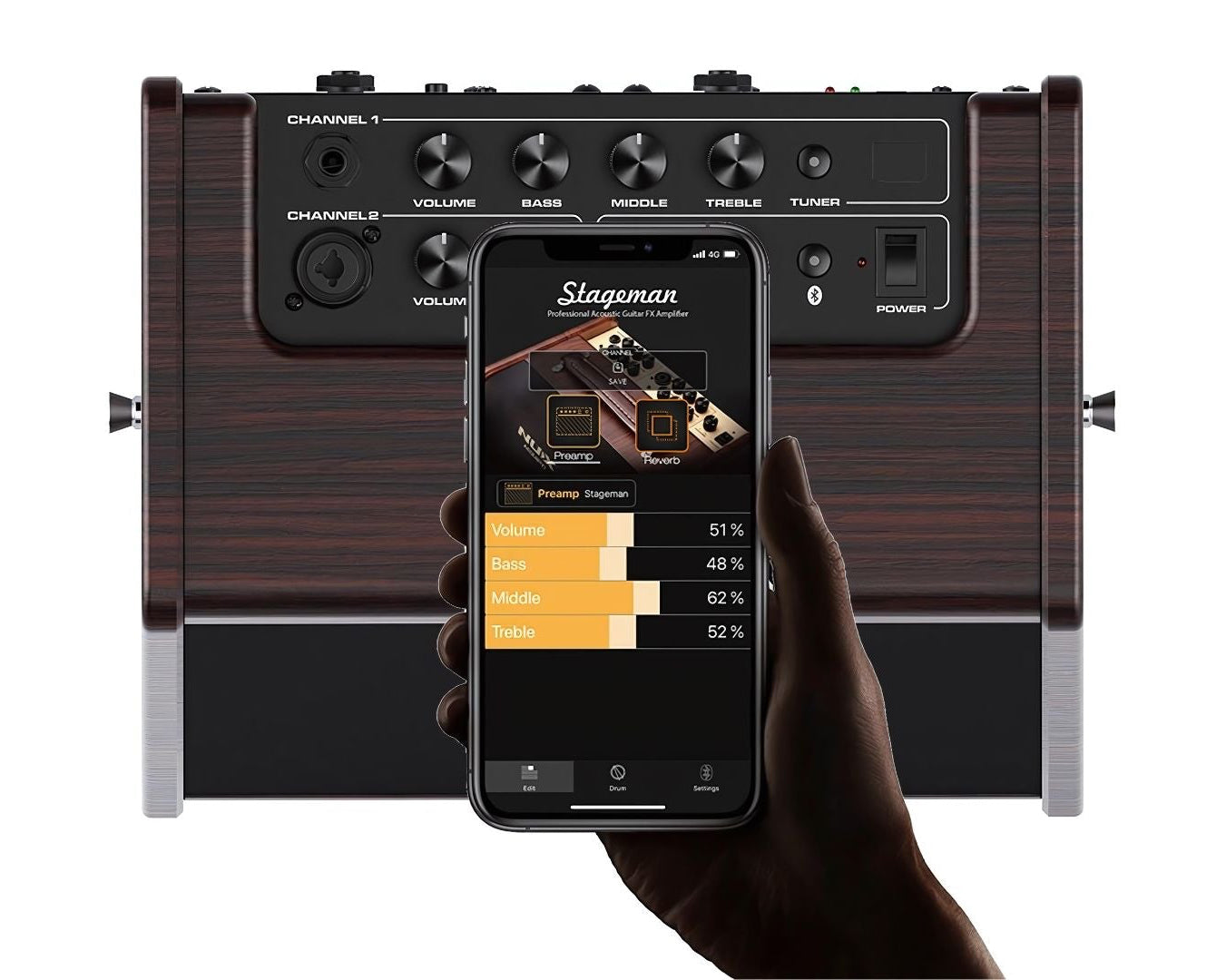 NUX AC-25 back panel with phone showing interface of included stageman app
