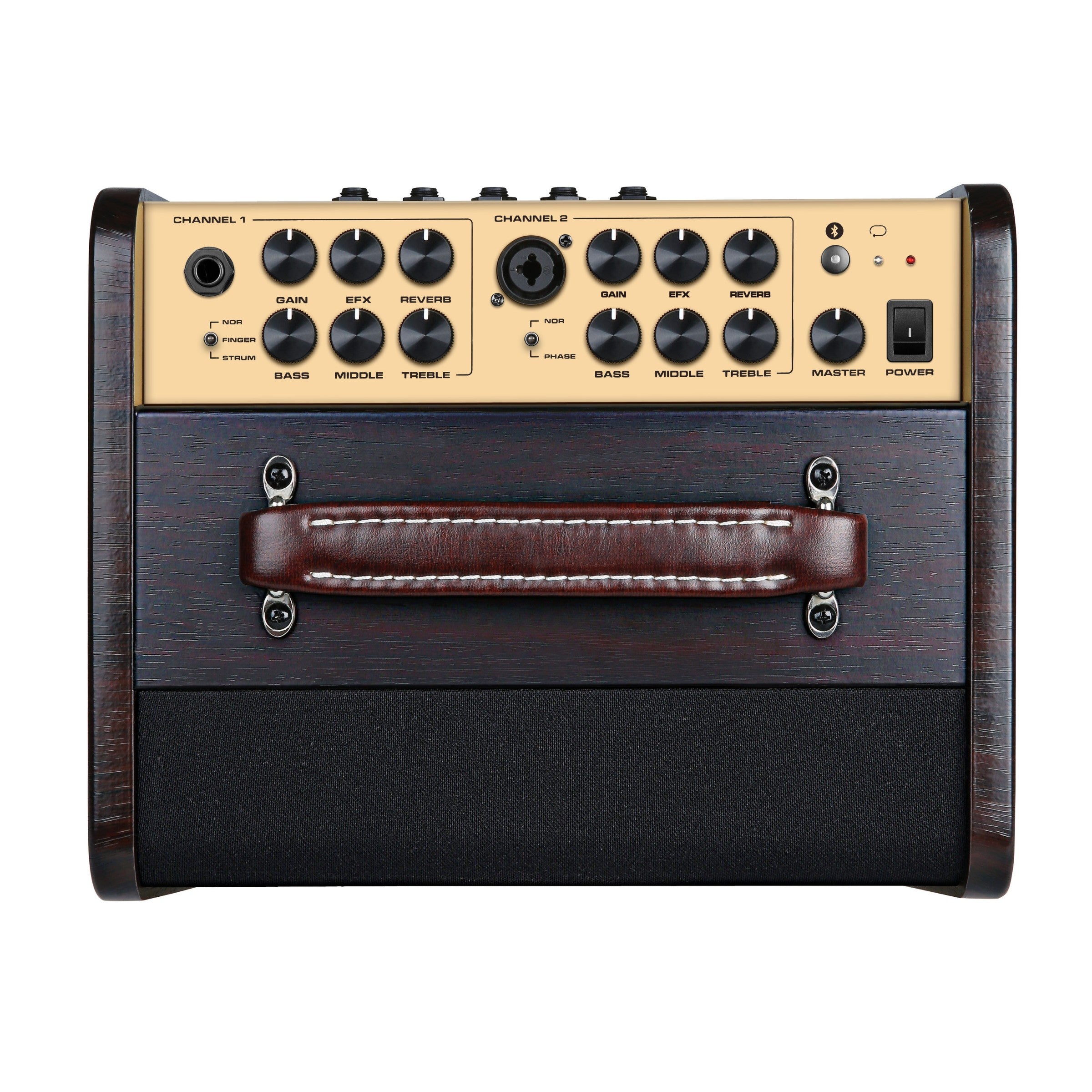 NUX acoustic Guitar amplifier with control panel and wooden finish on a white background