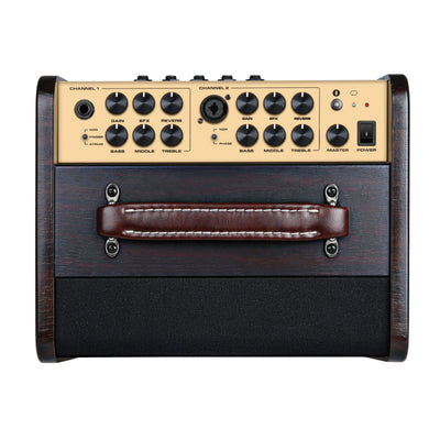 NUX acoustic Guitar amplifier with control panel and wooden finish on a white background