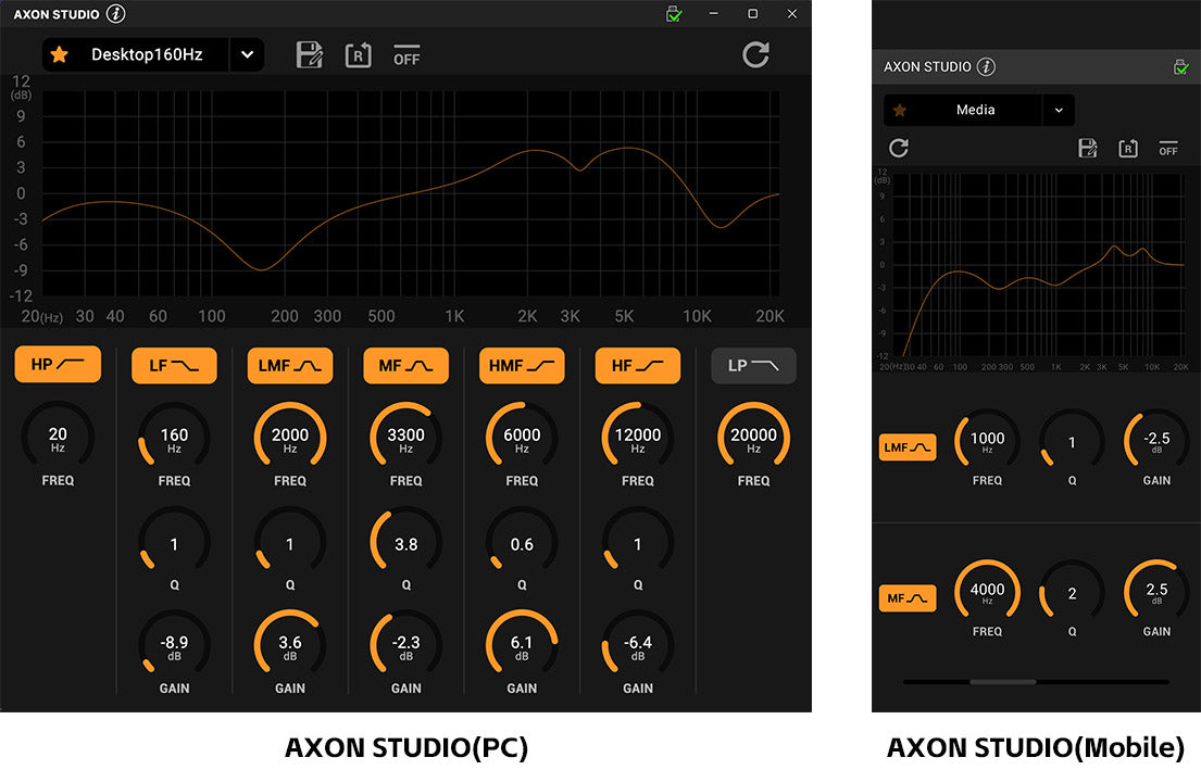 Two screens showing the AXON STUDIO audio equalizer software on a computer and mobile device.
