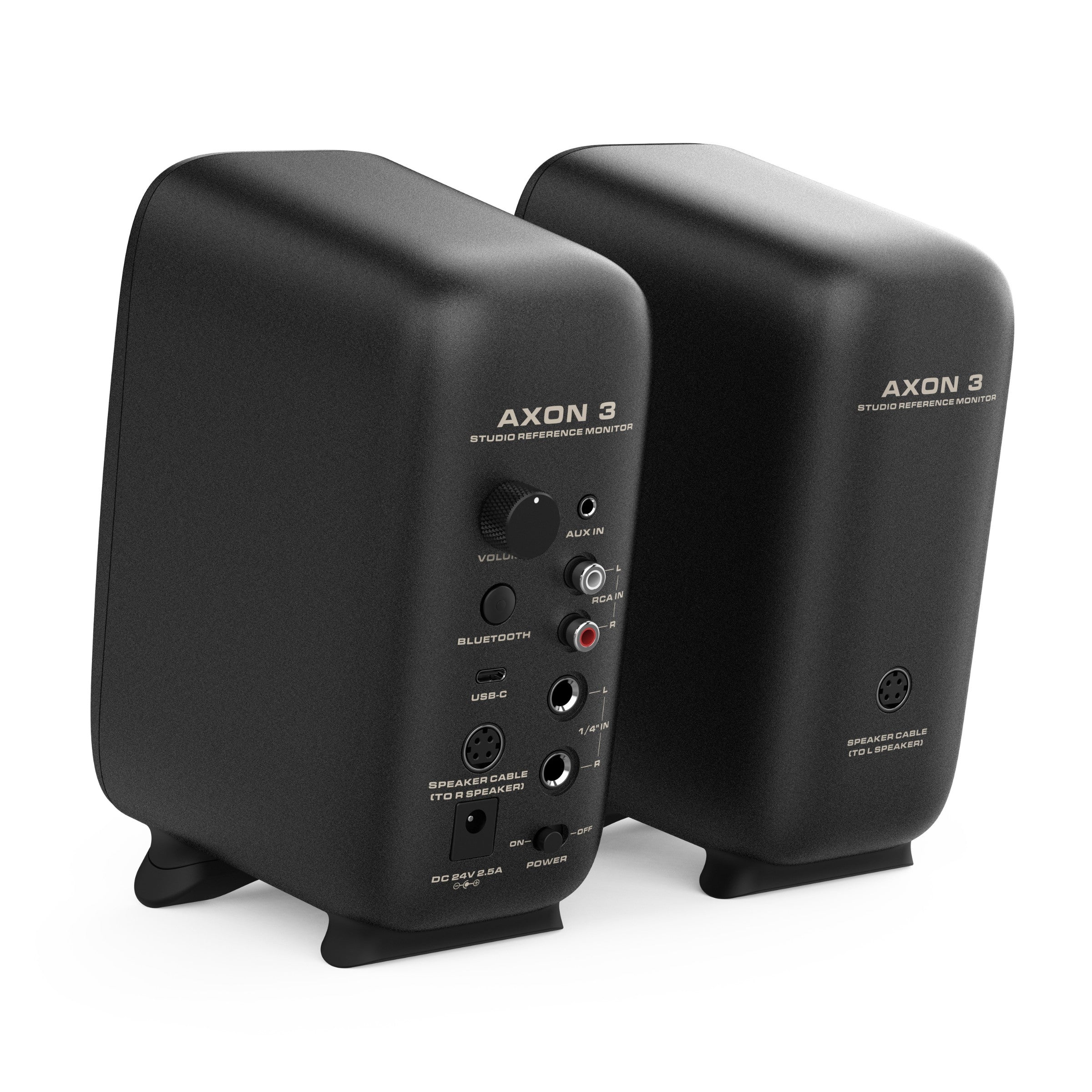 Pair of black AXON 3 studio reference monitors on a white background