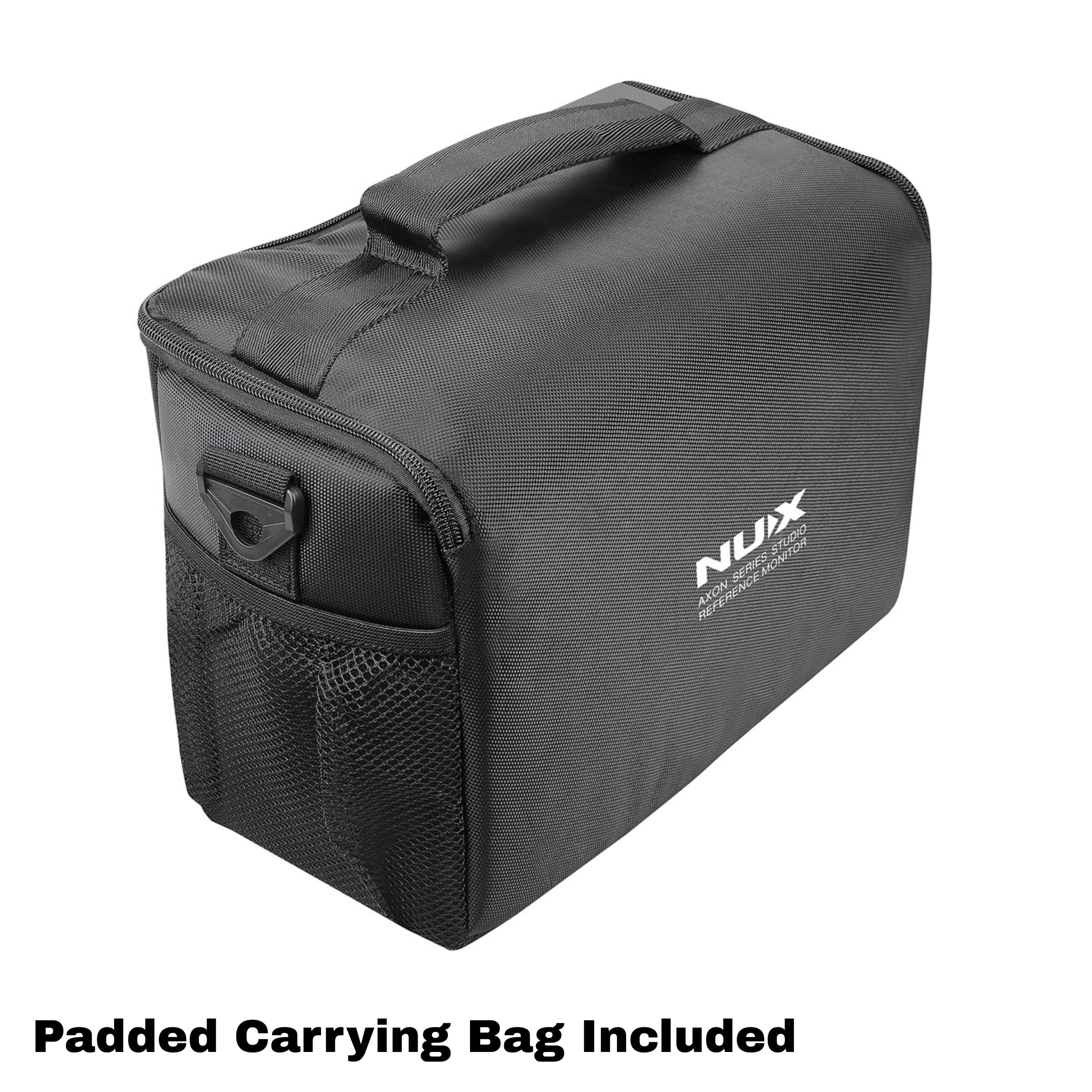 Black padded carrying bag with NUX logo on a white background
