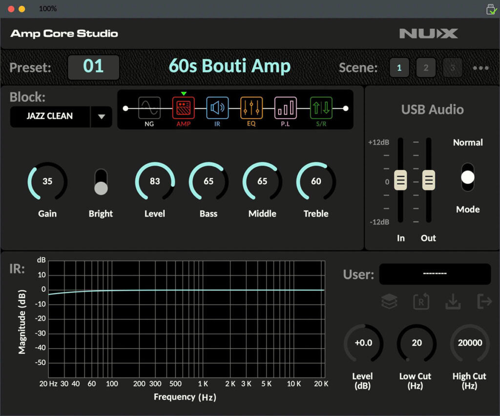 NUX Amp Core Studio software interface for guitar amp simulation with various control knobs and settings.