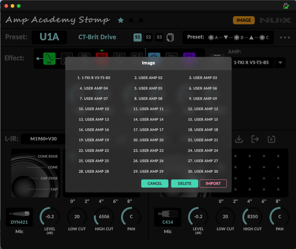 Nux Amp Academy Stomp guitar effects processor with preset selection menu